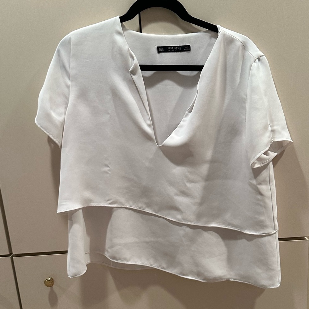 White silky short sleeve tee blouse v neck from Zara
